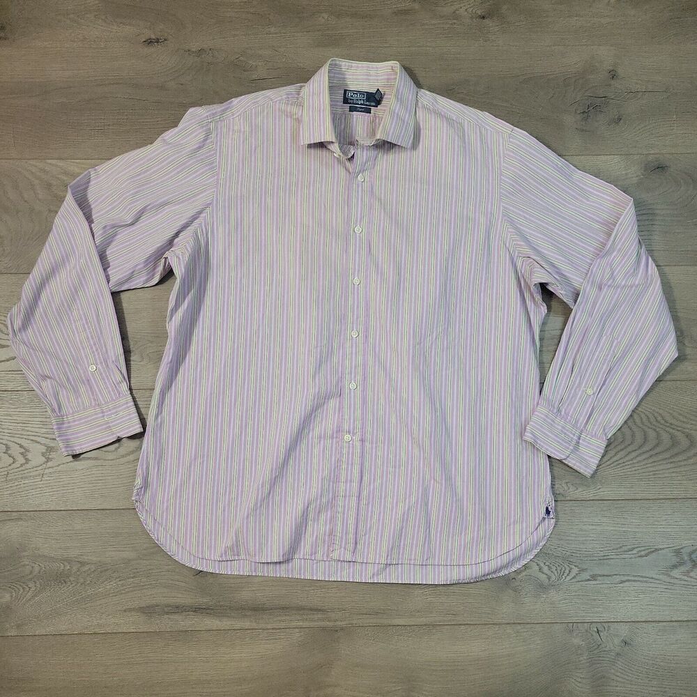 Polo Ralph Lauren Shirt Mens 18 Purple Green Striped Classiccore Casual Preppy